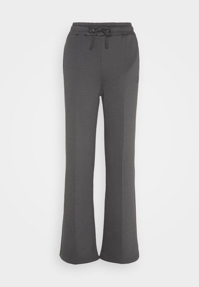 Graue Sweatpants aus weichem Stoff, mit einem Kordelzugbund, weit ausgestellten Beinen und ohne sichtbare Muster oder Hardware-Details.
