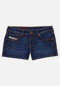 Dunkelblaue Denim-Shorts mit geradem Schnitt, die über fünf Taschen, einen Knopfverschluss und Nähten entlang der Kanten verfügen.