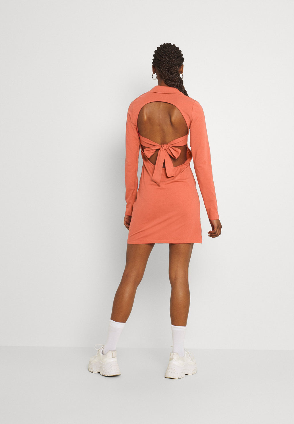 Glamorous OPEN COLLAR OPEN BACK LONG SLEEVE TIE BACK MINI DRESS