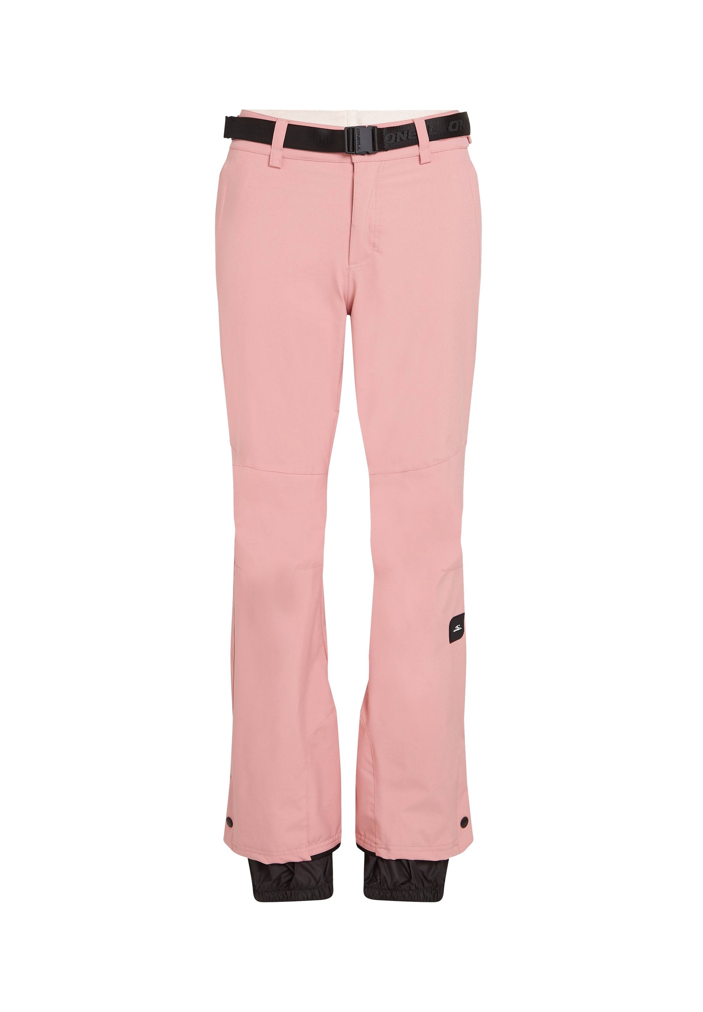Rosa Schneehose mit einem verstellbaren schwarzen Gürtel, zwei Fronttaschen, ausgestellt geschnittenen Beinen, elastischen Bündchen und einem Logopatch auf der linken Seite.