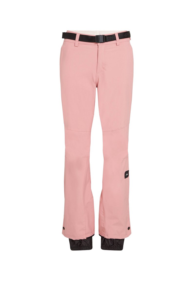 Rosa Schneehose mit einem verstellbaren schwarzen Gürtel, zwei Fronttaschen, ausgestellt geschnittenen Beinen, elastischen Bündchen und einem Logopatch auf der linken Seite.