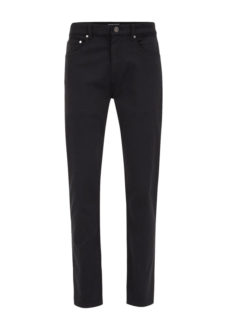 Schwarze Baumwolljeans mit schmaler Passform, ausgestattet mit einem Knopfverschluss, Vordertaschen und silberfarbener Hardware. Glatte Textur und schlichtes Design.