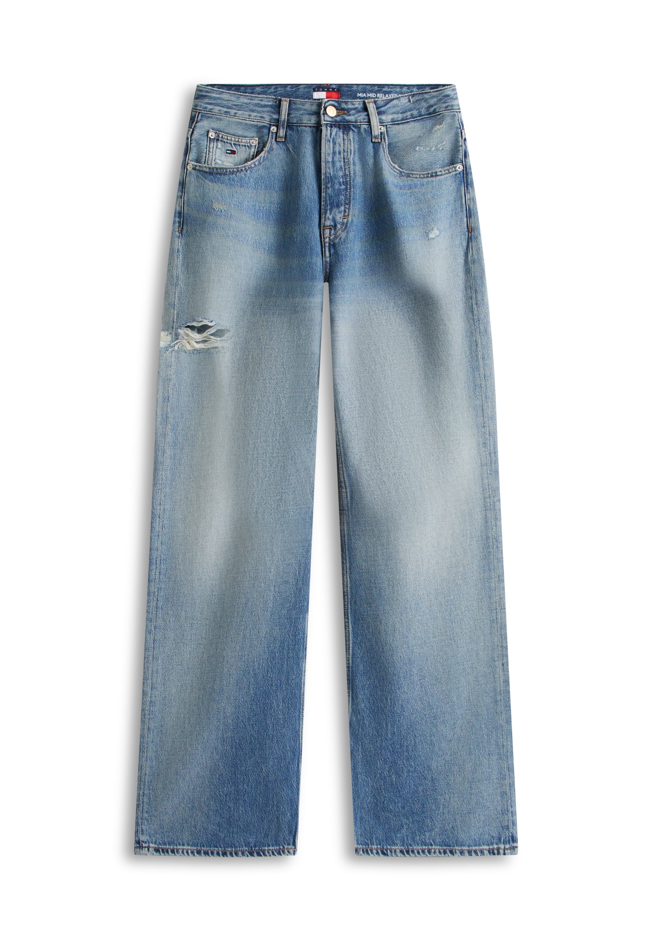 Hellblaue, mittelhoch geschnittene Jeans mit entspanntem Sitz, leichtem Used-Look am linken Oberschenkel und klassischem Fünf-Taschen-Design.