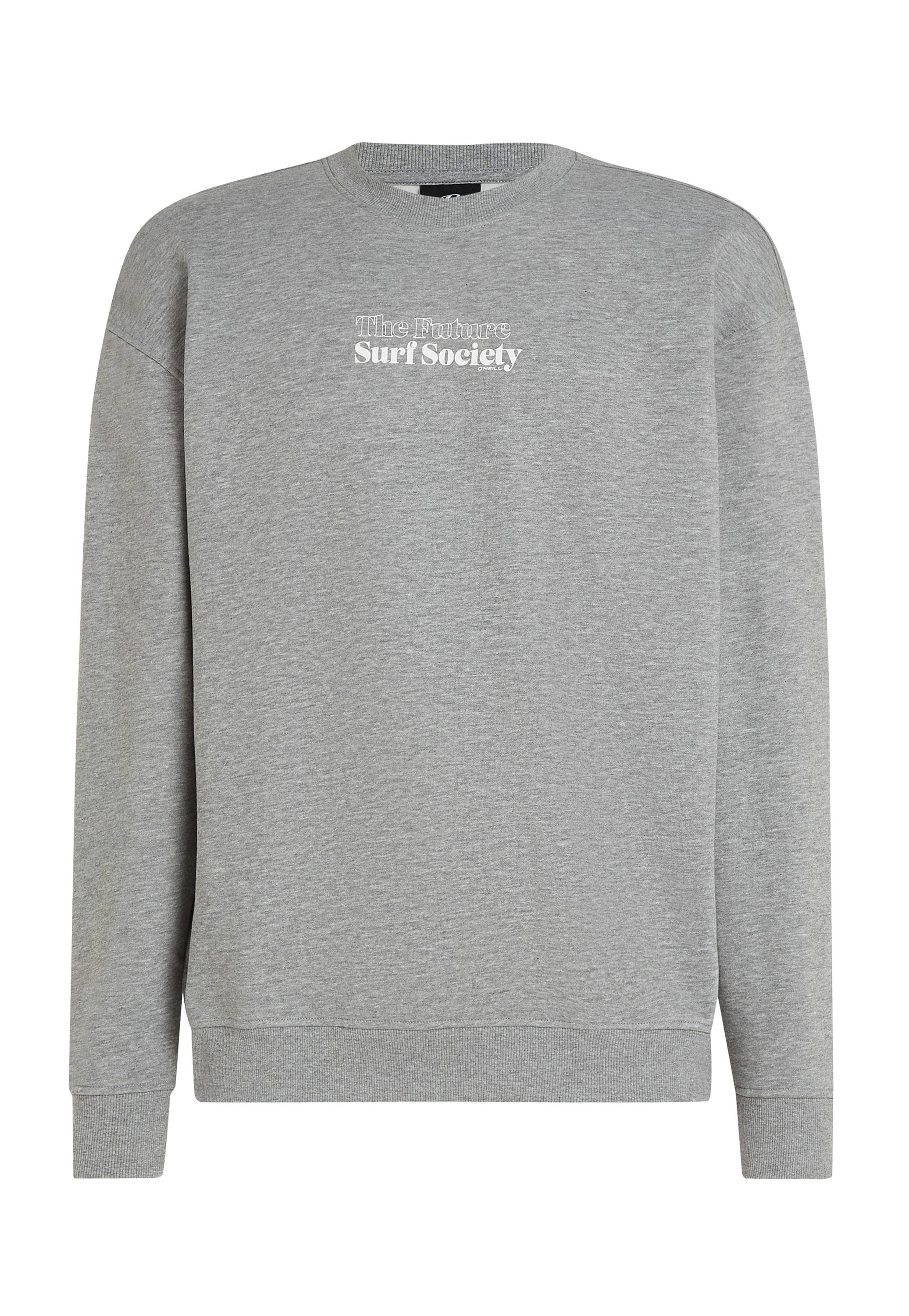 Grauer Pullover aus einem Stoff mit weicher Textur. Hat einen runden Halsausschnitt, lange Ärmel und weißen Text mit der Aufschrift "Die Zukunft Surf Gesellschaft."