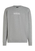 Grauer Pullover aus einem Stoff mit weicher Textur. Hat einen runden Halsausschnitt, lange Ärmel und weißen Text mit der Aufschrift "Die Zukunft Surf Gesellschaft."