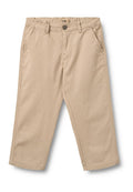 Beige Baumwoll-Chinos mit geradem Schnitt, ausgestattet mit einem knöpfbaren Taillenbund, zwei Fronttaschen und abgesteppten Details entlang der Beine.