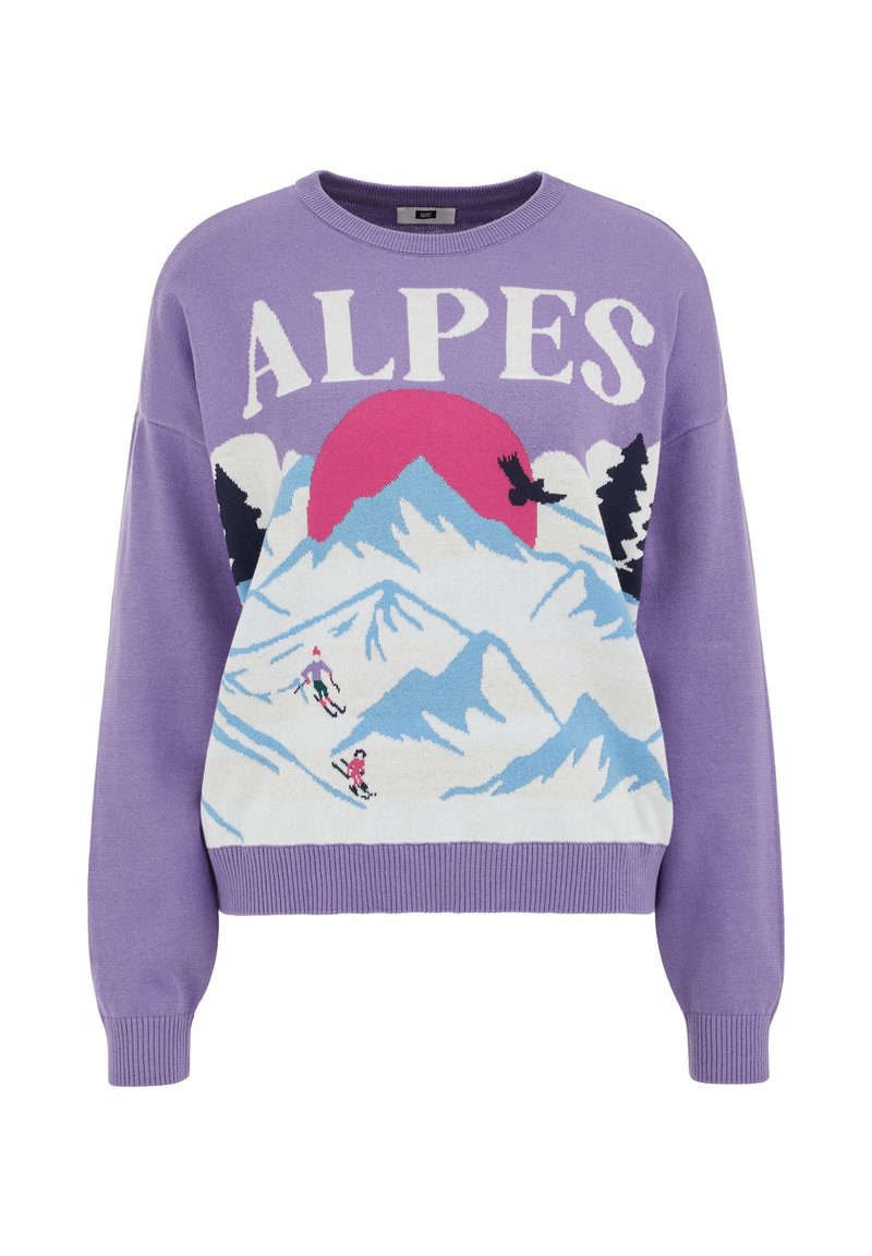 Lila gestrickter Pullover mit einem Grafikdesign von schneebedeckten Bergen, einer pinken Sonne und Skifahrern, mit dem Text "ALPES" in Weiß über der Brust.
