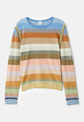 Gestreifter Strickpullover in Blau, Orange, Grün und Pastellfarben. Mit gerippter Textur, rundem Ausschnitt und dekorativen Akzenten an den Ärmeln.