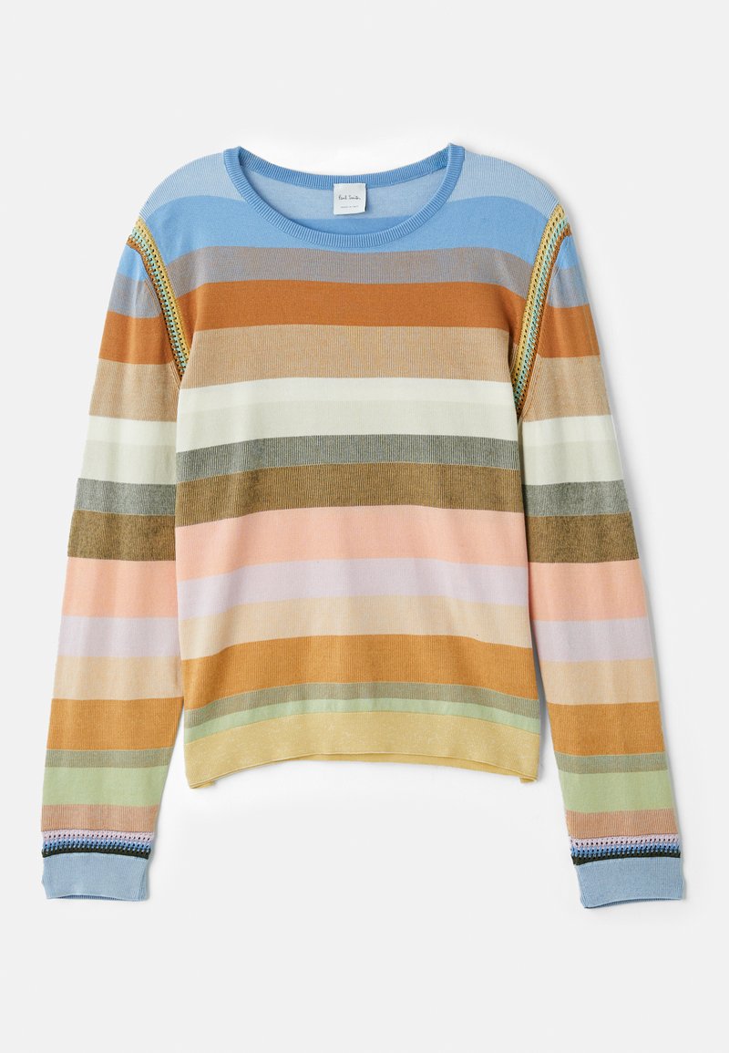 Gestreifter Strickpullover in Blau, Orange, Grün und Pastellfarben. Mit gerippter Textur, rundem Ausschnitt und dekorativen Akzenten an den Ärmeln.