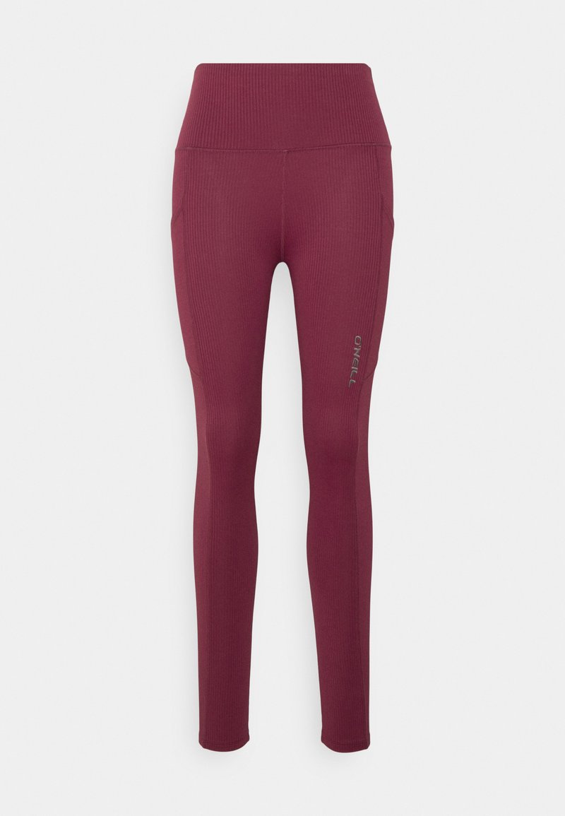 Burgunderfarbene Leggings mit geripptem Muster, hohem Bund und seitlichem Akzent; aus einem flexiblen, dehnbaren Stoff gefertigt.