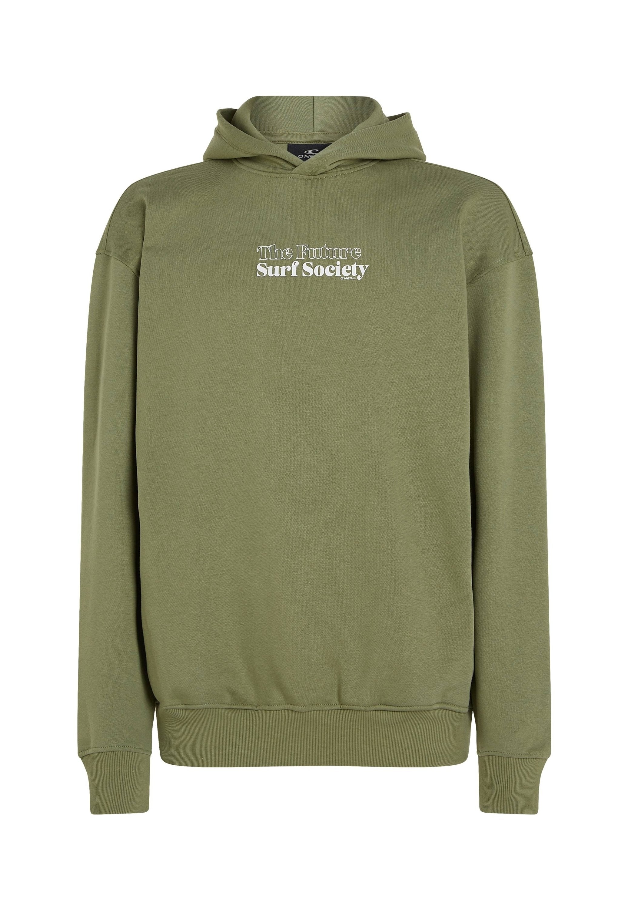 Olivgrüner Hoodie aus weichem Material, mit Kängurutasche, gerippten Bündchen und Saum. Text lautet "The Future Surf Society" in Weiß.