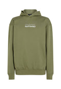 Olivgrüner Hoodie aus weichem Material, mit Kängurutasche, gerippten Bündchen und Saum. Text lautet "The Future Surf Society" in Weiß.