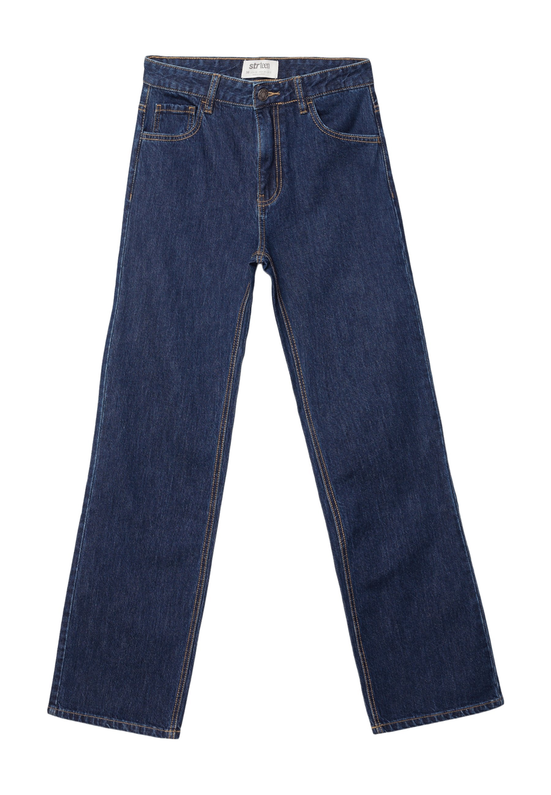 Dunkelblaue gerade Jeans mit Fronttaschen, Gürtelschlaufen und einem Knopfverschluss.