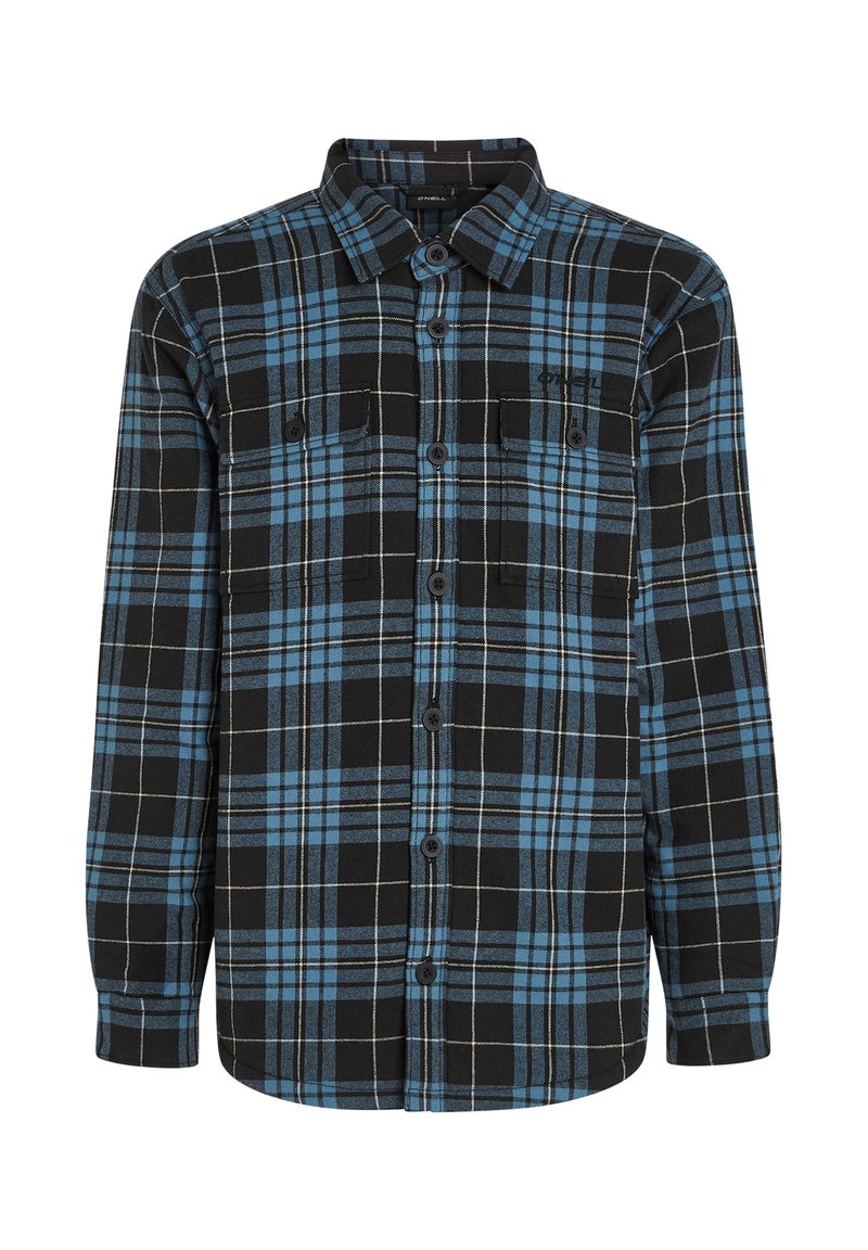 Schwarzes Flanellhemd mit blau-weißem karriertem Muster. Verfügt über zwei Brusttaschen und eine durchgehende Knopfleiste. Strukturierter Stoff mit langen Ärmeln.
