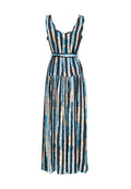 Maxikleid aus leichtem Stoff mit vertikalen Streifen in Blau, Schwarz und Beige. Rundhalsausschnitt und definierte Taille.