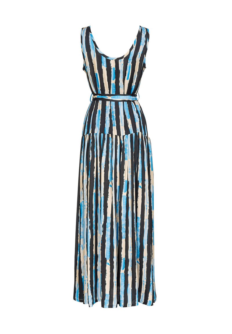 Maxikleid aus leichtem Stoff mit vertikalen Streifen in Blau, Schwarz und Beige. Rundhalsausschnitt und definierte Taille.
