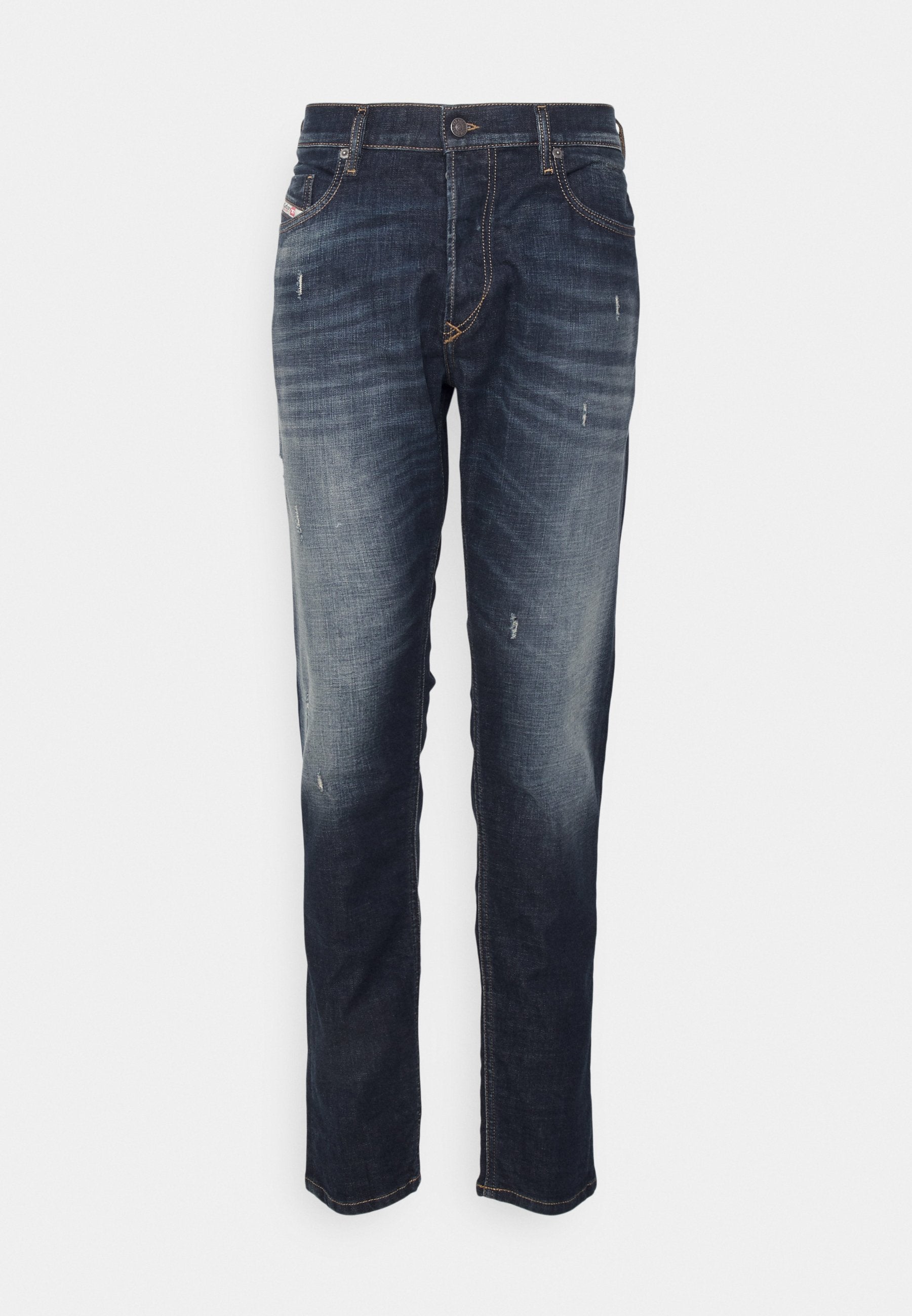 Dunkelblaue Jeans aus Denim mit leichtem Verblassen, Wischeffekten und abgenutzten Details. Klassisches Fünf-Taschen-Design mit Knopfverschluss.