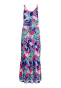 Maxikleid mit floralem Muster in Rosa, Blau und Grün, mit Rundhalsausschnitt, verstellbarem Taillenzug und gestuftem Rock.