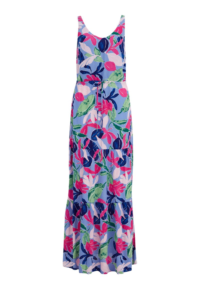 Maxikleid mit floralem Muster in Rosa, Blau und Grün, mit Rundhalsausschnitt, verstellbarem Taillenzug und gestuftem Rock.