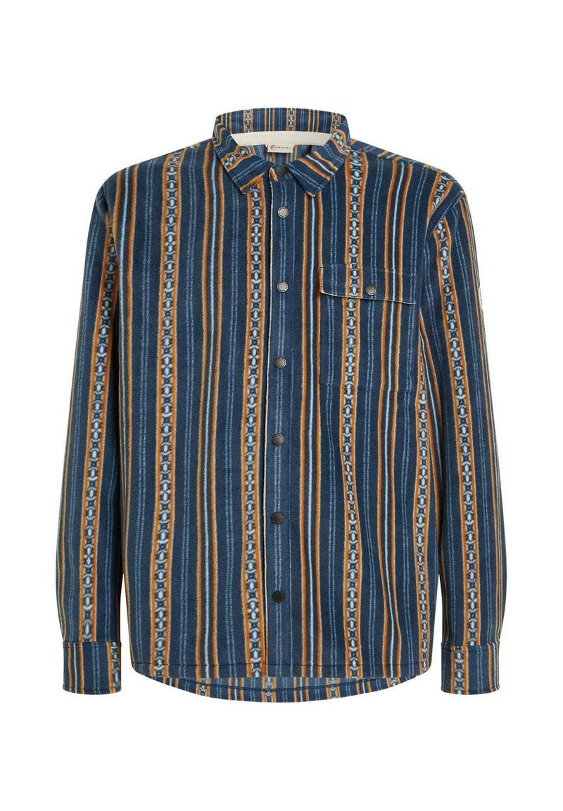 Blaues Hemd mit Knopfleiste und vertikalen Streifen, versehen mit orange-weißen Mustern, einer Brusttasche und abgerundetem Saum. Hergestellt aus weichem Stoff.