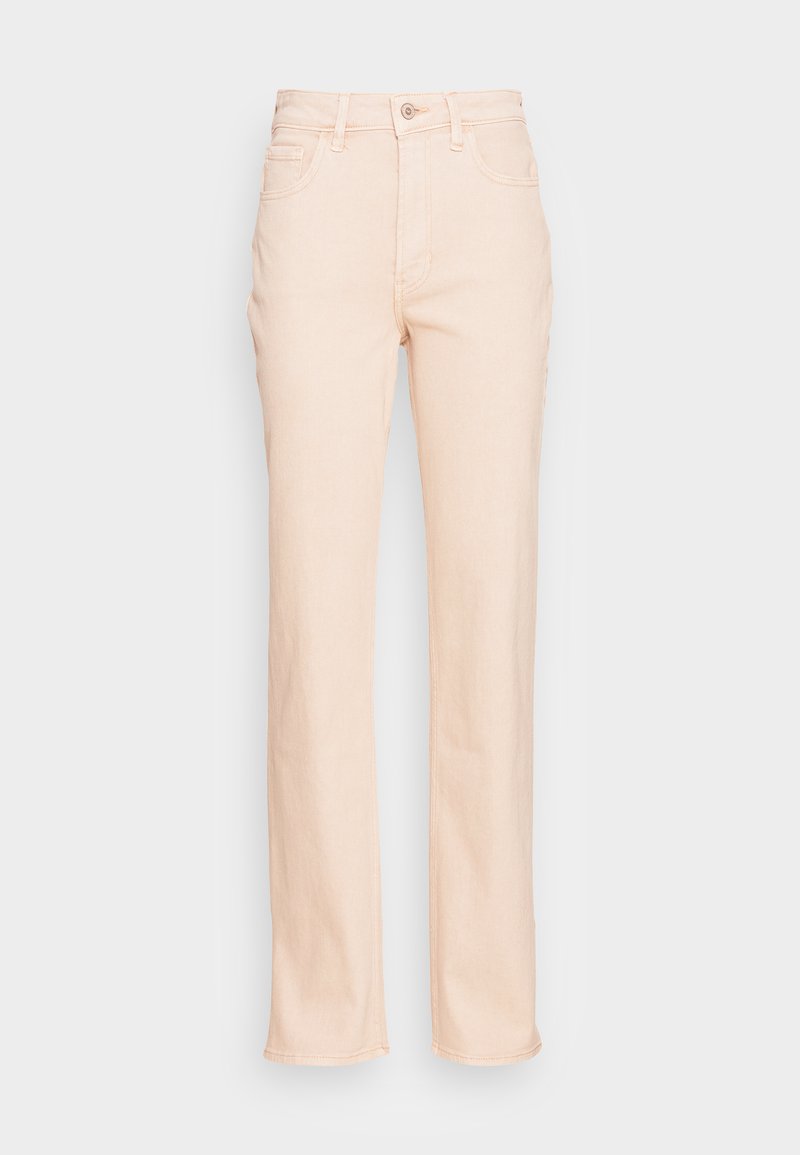 Helles rosa Denim-Jeans mit geradem Schnitt, fünf Taschen und einem einzelnen Knopfverschluss an der Taille. Weicher Stoff und klassisches Design.