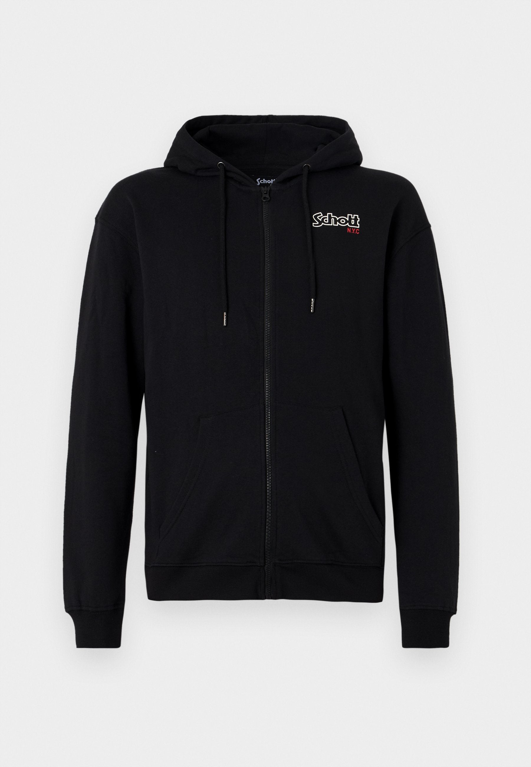 Schwarze Zip-Hoodie aus Baumwolle, mit einer Fronttasche, verstellbarem Kordelzug und einem kleinen Logo auf der linken Brust.
