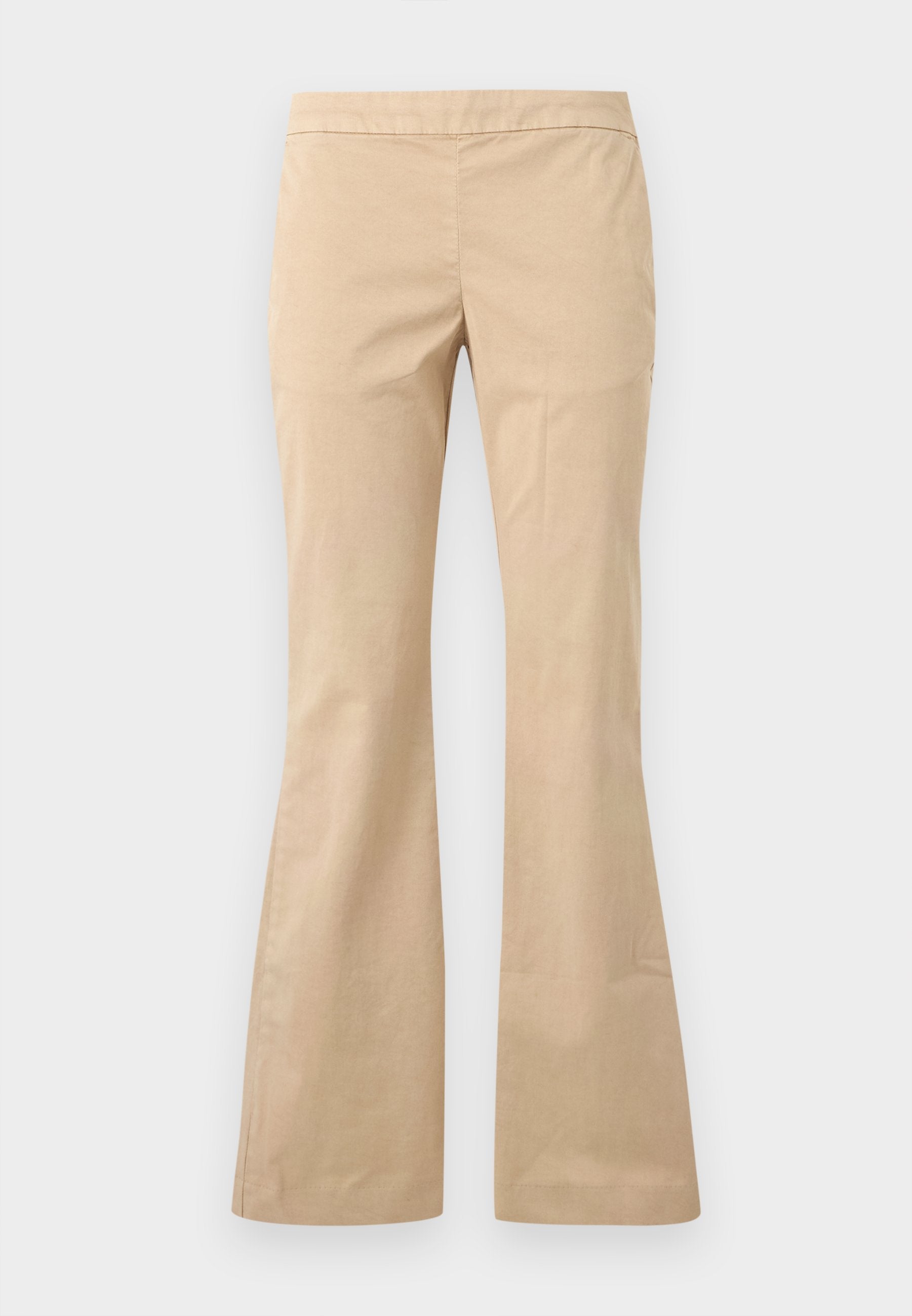 Beige Hosen mit weitem Bein, flacher Vorderseite und ohne sichtbare Verschlüsse, vor hellem, einfarbigem Hintergrund dargestellt.