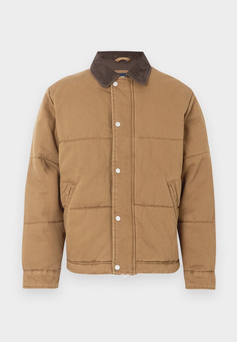 Braune gepolsterte Jacke mit Cordkragen, Druckknöpfen und Seitentaschen. Strukturierter Stoff mit horizontalen Steppdetails.