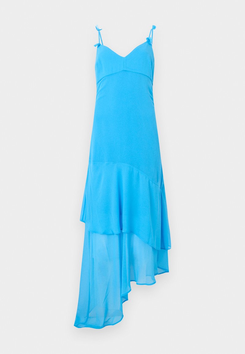 Hellblaues ärmelloses Kleid mit Spaghettiträgern, die zu Schleifen gebunden sind, figurbetontem Oberteil und asymmetrischem, mehrlagigem Chiffonrock.