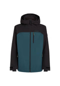 Herrenjacke mit einem türkisfarbenen Körper und schwarzen Ärmeln, ausgestattet mit einer Kapuze, Reißverschlusstaschen und verstellbaren Bündchen. Hergestellt aus strapazierfähigem, wasserabweisendem Material.