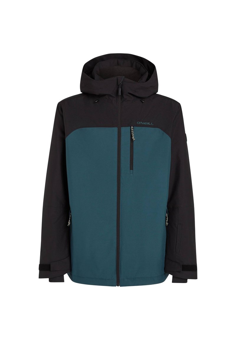 Herrenjacke mit einem türkisfarbenen Körper und schwarzen Ärmeln, ausgestattet mit einer Kapuze, Reißverschlusstaschen und verstellbaren Bündchen. Hergestellt aus strapazierfähigem, wasserabweisendem Material.