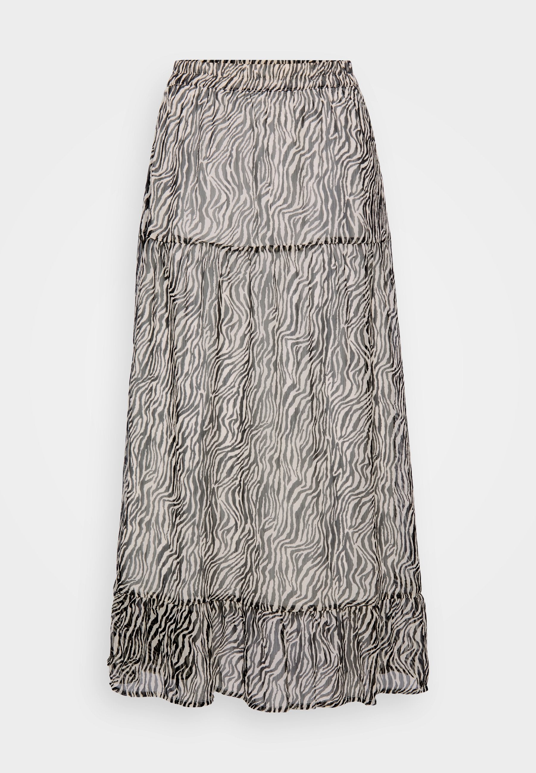 Langer, transparenter Rock mit einem Zebra-Streifen-Muster in Schwarz und Grau. Elastischer Bund mit einem Rüschensaum am unteren Ende. Leichter Stoff.