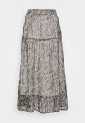 Langer, transparenter Rock mit einem Zebra-Streifen-Muster in Schwarz und Grau. Elastischer Bund mit einem Rüschensaum am unteren Ende. Leichter Stoff.