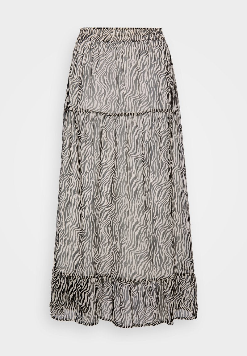Langer, transparenter Rock mit einem Zebra-Streifen-Muster in Schwarz und Grau. Elastischer Bund mit einem Rüschensaum am unteren Ende. Leichter Stoff.