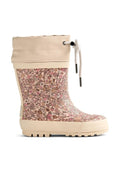 Gummistiefel mit Blumenmuster, beigem Gummischaft, cremefarbenem Umschlag und profilierter Sohle für besseren Halt und Langlebigkeit.