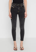 Schwarze Jeans im Skinny-Fit aus Denim mit gelben Nähten und fünf Taschen. Hohe Taille, leicht verblasste Textur und taillierte Silhouette.
