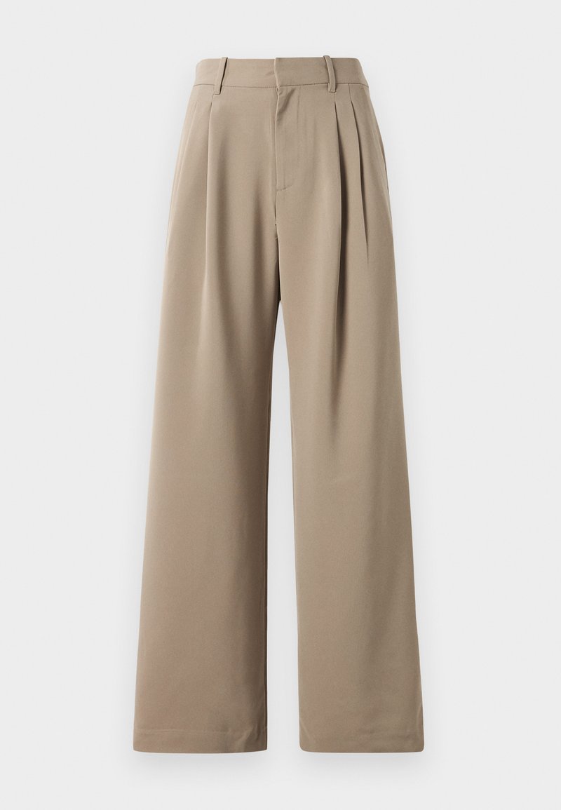Beige Weite-Hosen mit Falten, flachem Bund, Seitentaschen und Gürtelschlaufen. Aus glattem, leichtem Stoff gefertigt.