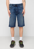 Dunkelblaue Jeansshorts mit elastischem Bund und Kordelzug, im fünf Taschen-Design und mit gestickten Details.
