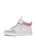 High-Top-Sneaker in Weiß, Pink und grauem Wildleder mit einer Gummisohle, ausgestattet mit einem Klettverschluss und einem Logo auf der Seitenfläche.