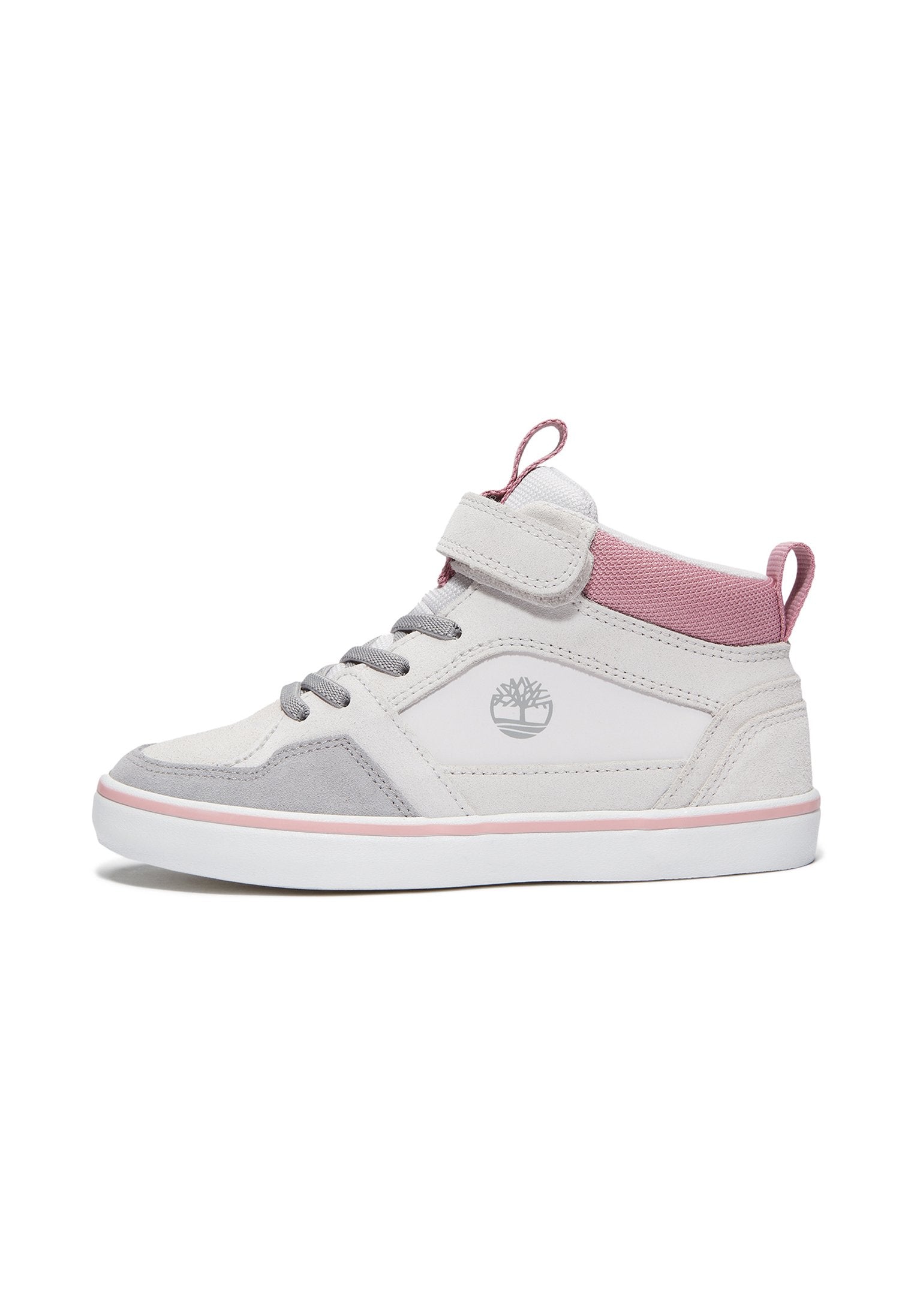 High-Top-Sneaker in Weiß, Pink und grauem Wildleder mit einer Gummisohle, ausgestattet mit einem Klettverschluss und einem Logo auf der Seitenfläche.