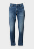 Blaue Jeans aus Denim mit geradem Bein, mit ausgeblichenen Details, fünf Taschen und einem Knopfverschluss.