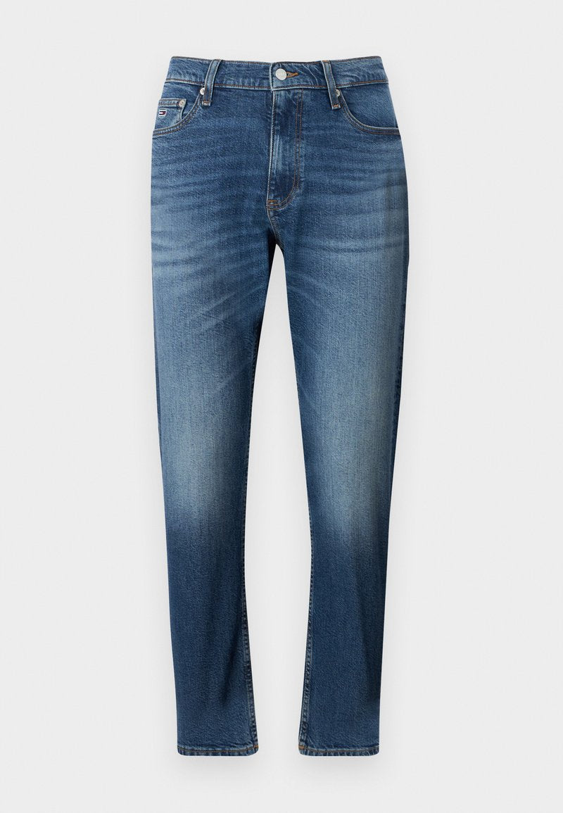 Blaue Jeans aus Denim mit geradem Bein, mit ausgeblichenen Details, fünf Taschen und einem Knopfverschluss.