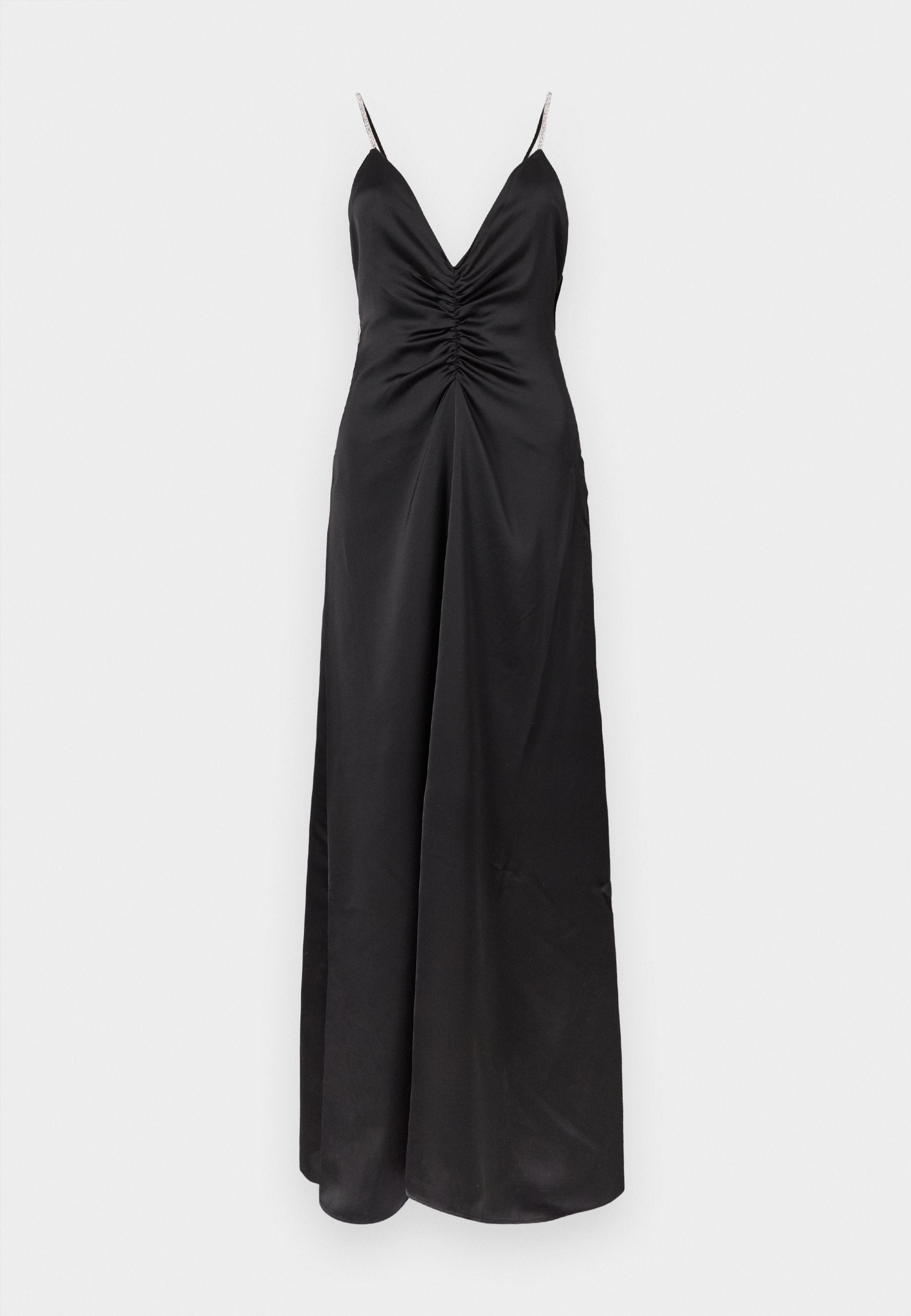 Schwarzes Satin-Langkleid mit gerafftem Vorderteil, tiefem V-Ausschnitt und zierlichen, verzierten Schulterriemen.