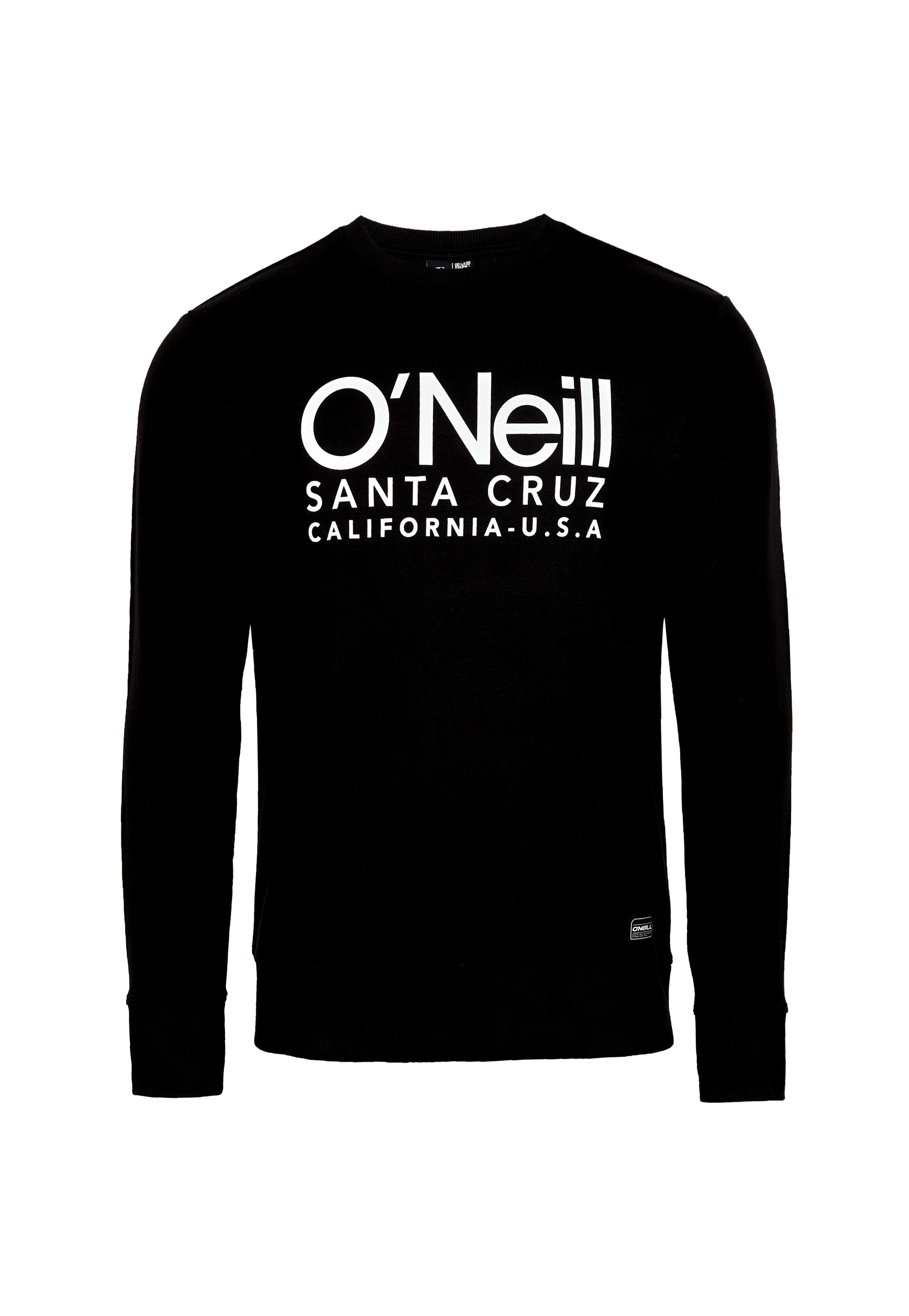 Schwarzer Hoodie aus weichem Material, mit Rundhalsausschnitt und langen Ärmeln. Großer weißer Text mit der Aufschrift "O'Neill SANTA CRUZ CALIFORNIA-U.S.A."