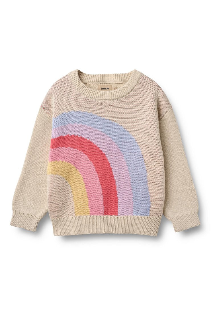 Beiger Strickpullover mit einem mehrfarbigen Regenbogenmotiv in Pink, Gelb und Blau auf der Vorderseite. Gerippte Bündchen und Halsbündchen.
