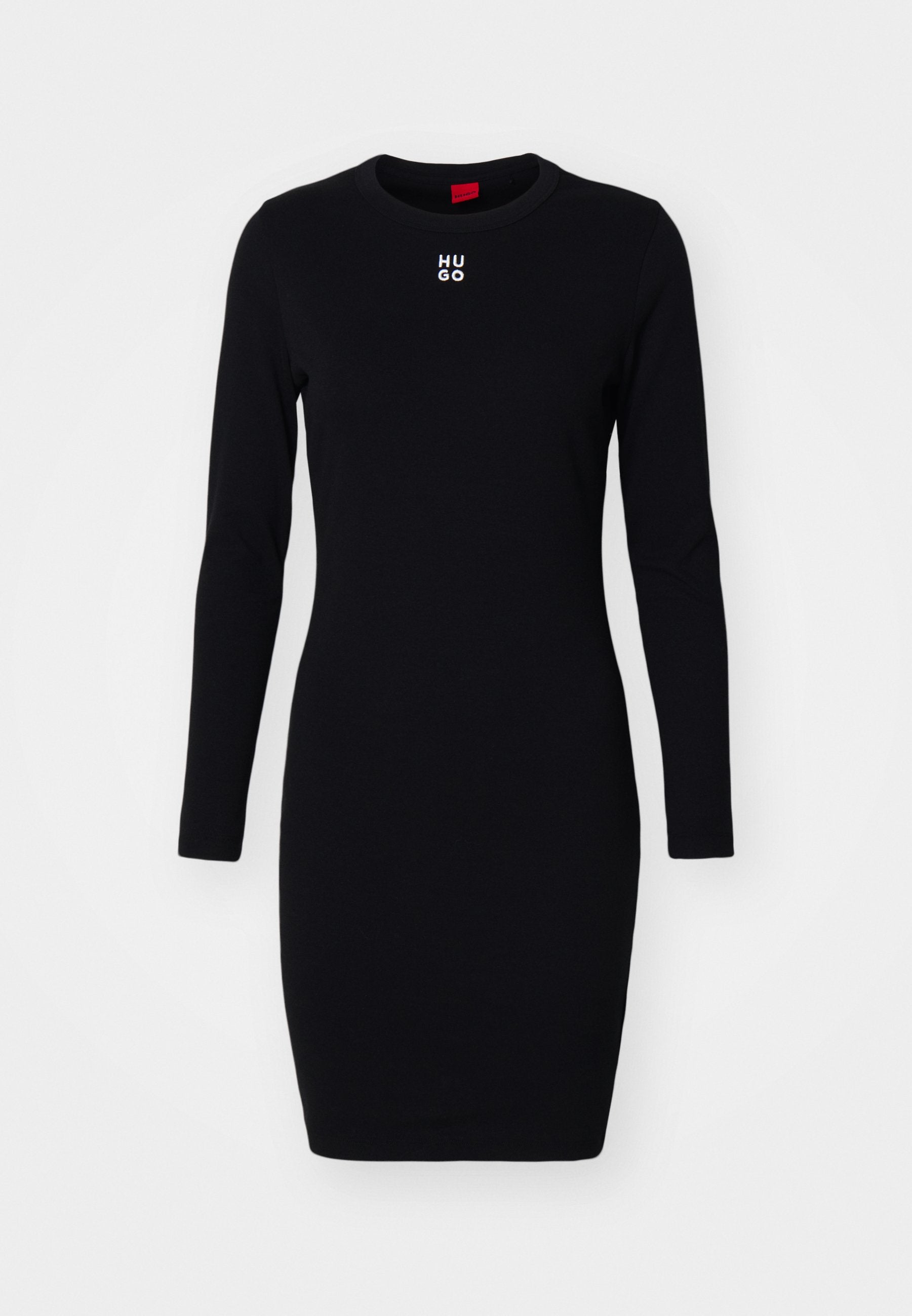 Schwarzes langärmeliges Kleid aus weichem, dehnbarem Stoff. Mit Rundhalsausschnitt und weißem "HUGO"-Logo auf der Brust. Figurbetontes Design.