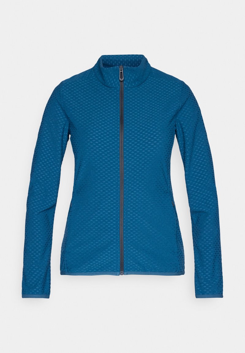 Blaue strukturierte Langarmjacke mit durchgehendem Frontreißverschluss und Stehkragen, Slim Fit, auf weißem Hintergrund gezeigt.