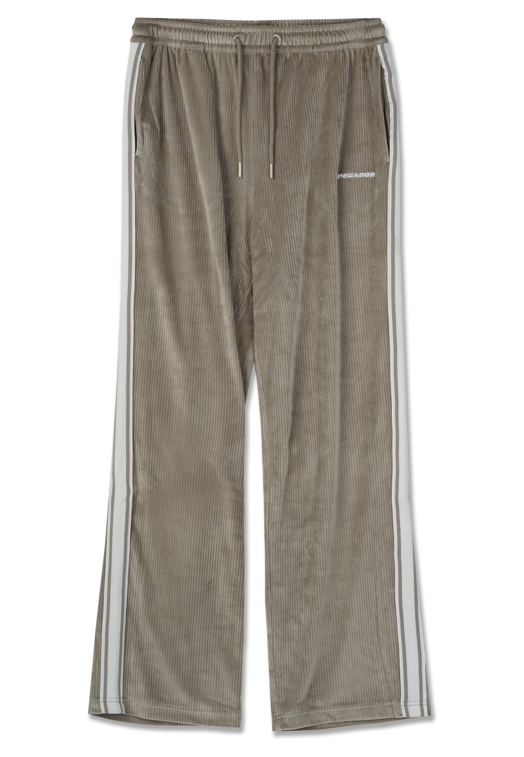 Beige Sweatpants aus Cord, mit lässigem Schnitt, weißen Seitenstreifen und einem elastischen Bund mit verstellbarem Kordelzug.