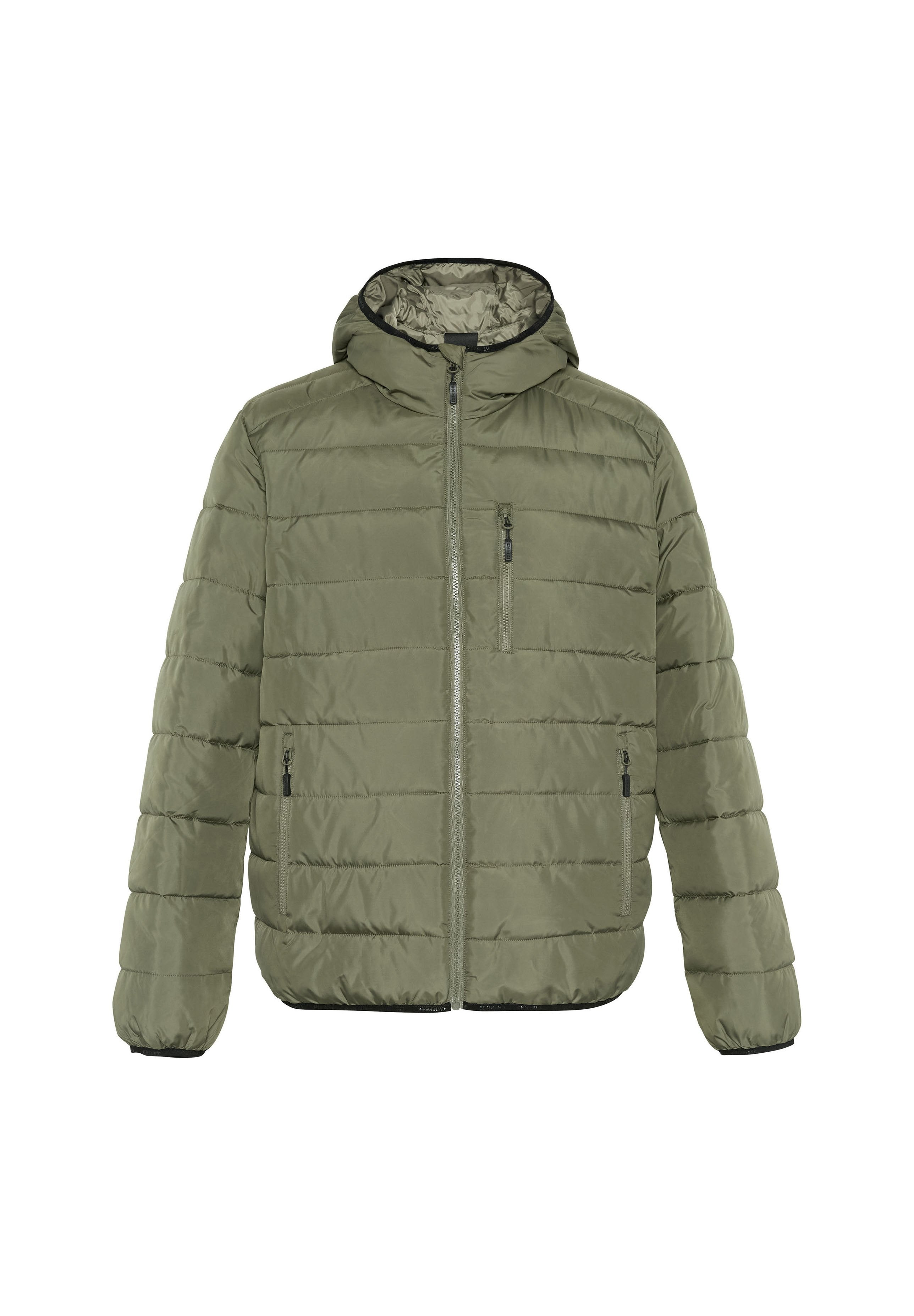 Olivgrüne gepolsterte Jacke mit Kapuze, ausgestattet mit einem Frontreißverschluss und zwei seitlichen Taschen. Texturiertes Material mit horizontalen Steppnähten.