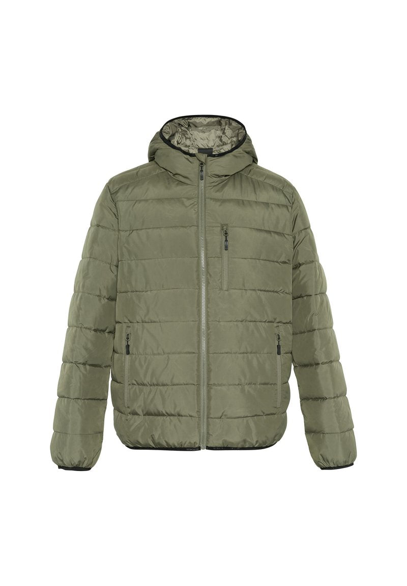 Olivgrüne gepolsterte Jacke mit Kapuze, ausgestattet mit einem Frontreißverschluss und zwei seitlichen Taschen. Texturiertes Material mit horizontalen Steppnähten.